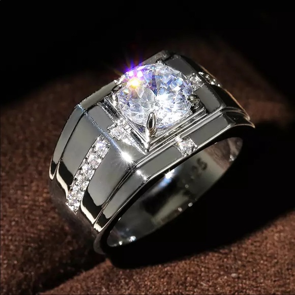 Luxury Silver Color Round Cubic Zircon Rings Men Classic Wedding Ceremony Ring